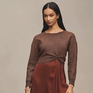ANTHROPOLOGIE Gemini Metallic Shimmer Sweater Cropped Twist Front Knitwear Large